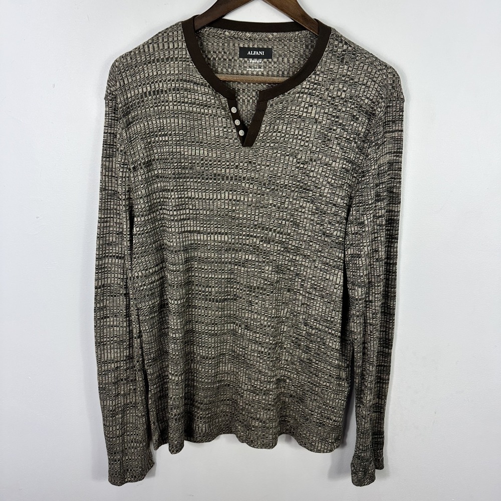 Alfani Henley Top mens Large Gray Brown Quiet Luxury Old Money Preppy Minimalist